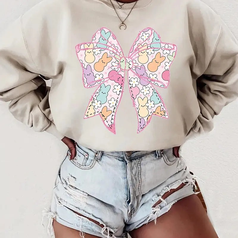Easter Coquette Bow Sweatshirt, Coquette Bow Bunny Tee Shirt, Coquette Peeps Bow Sweater, Happy Easter Shirt, Pink Bow...