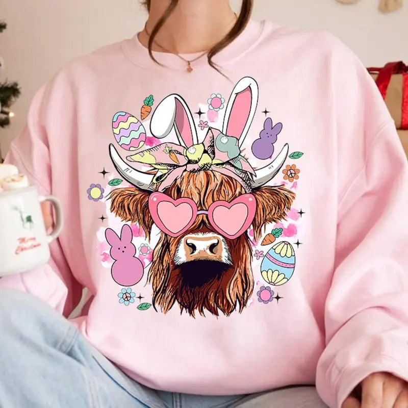 Easter Day Highland Cow Sweatshirt, Retro Easter Shirt, Easter Bunny Sưeater, Happy Easter Day Shirt, Higland Cow Easter...
