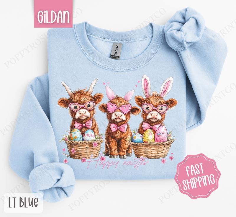 Easter Highland Cow Sweatshirt, Cute Easter Crewneck, Trendy Cow Women's Sweater, Gift for Her T-Shirts, Hoodie