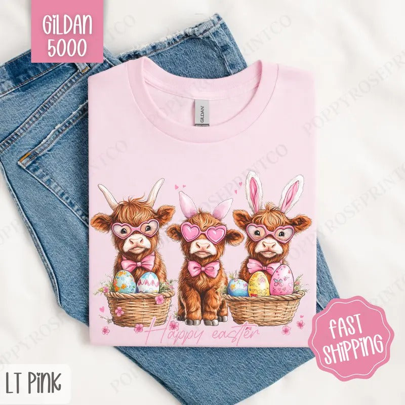 Easter Highland Cows Shirt Gildan, Cute Easter Tee, Trendy Cow Women's Tshirt Plus Sizes, Gift for Her Hoodie, Sweatshirt