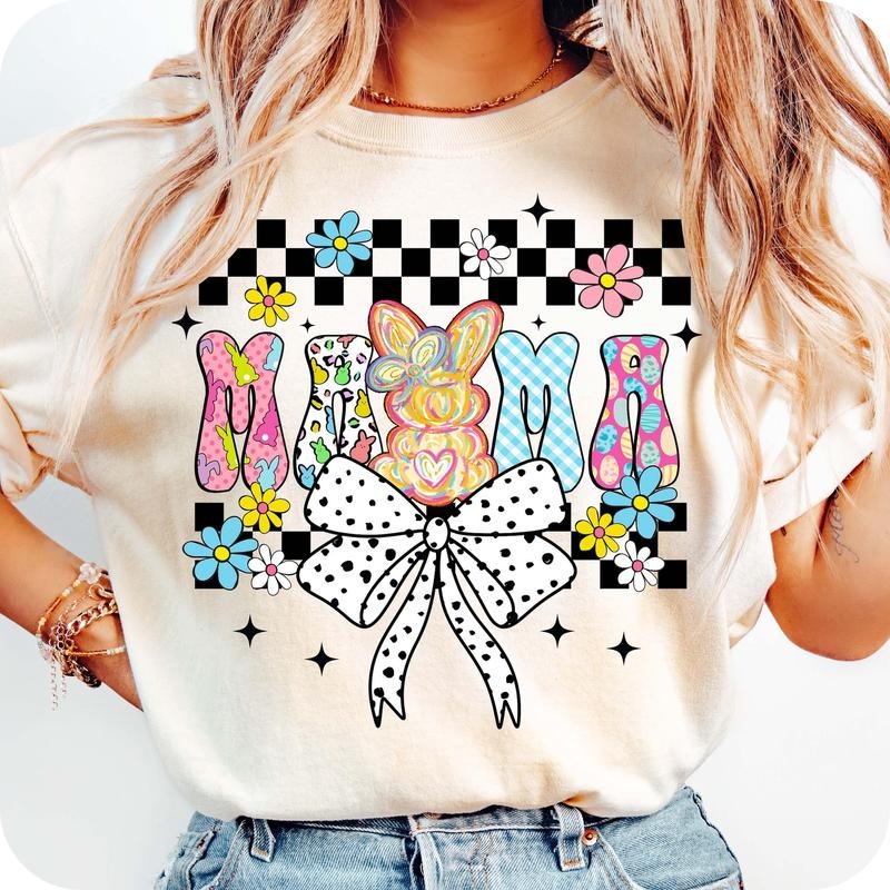 Easter Mama Bunny Coquette Bow T-Shirt, Mama Easter T-Shirt, Girly pastel bow T-Shirt, Preppy Easter T-Shirt, Easter Day...