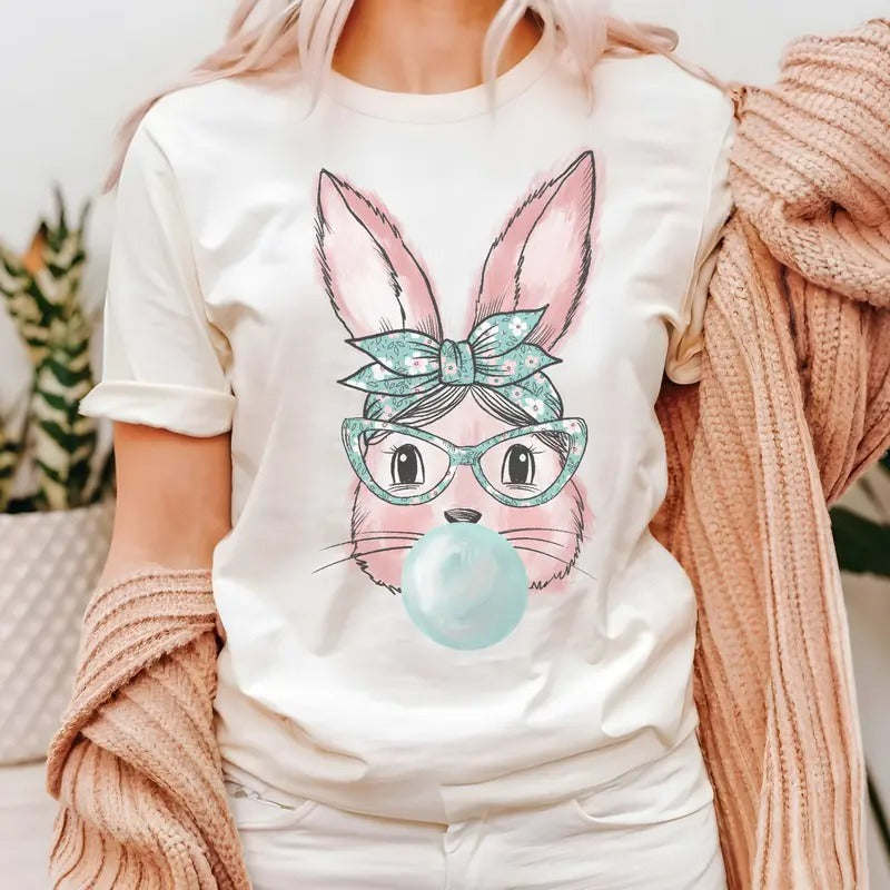 Easter Tshirt Bunny Tee Easter Bunny T-Shirt Bubblegum Bunny Tshirt Cute Easter Bubblegum Bunny Top Easter Holiday...