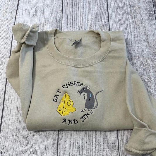 "Eat Cheese and Sin Embroidered Sweatshirt, Playful and comfort Fit Sweater" T-Shirts, Hoodie | WearSparks.com