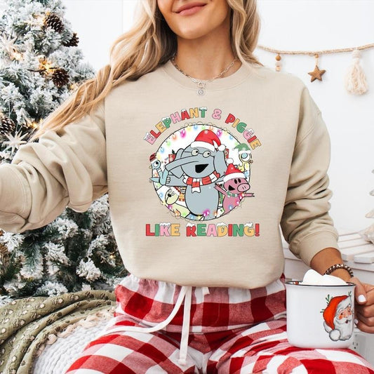 Elephant And Piggie Like Reading Christmas Sweatshirt, Cute Book Lover Christmas T-shirt, Bookish Christmas Tee, Teacher...