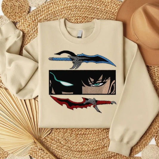Embroidered Anime Sweatshirt, I Alone Level Up-Inspired Design, Monarch of Shadows Embroidered Sweater, Double Dungeon...