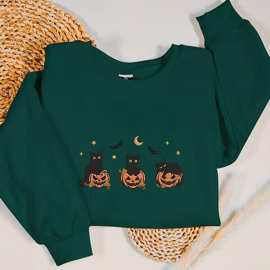 Embroidered Black Cat Sweatshirt, Black. Cat Halloween Shirt, Embroidered Cat Pumpkin Shirt, Fall Sweatshirt for Women,...