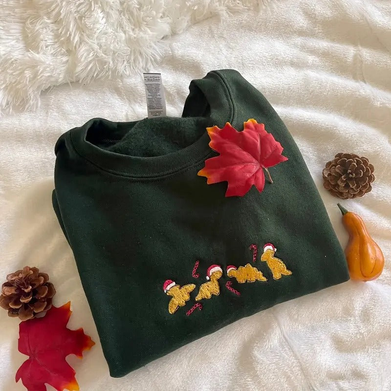 Embroidered Christmas Dino Nuggets, Embroidered Christmas Sweatshirt, Embroidered Christmas Crewneck T-Shirts, Hoodie