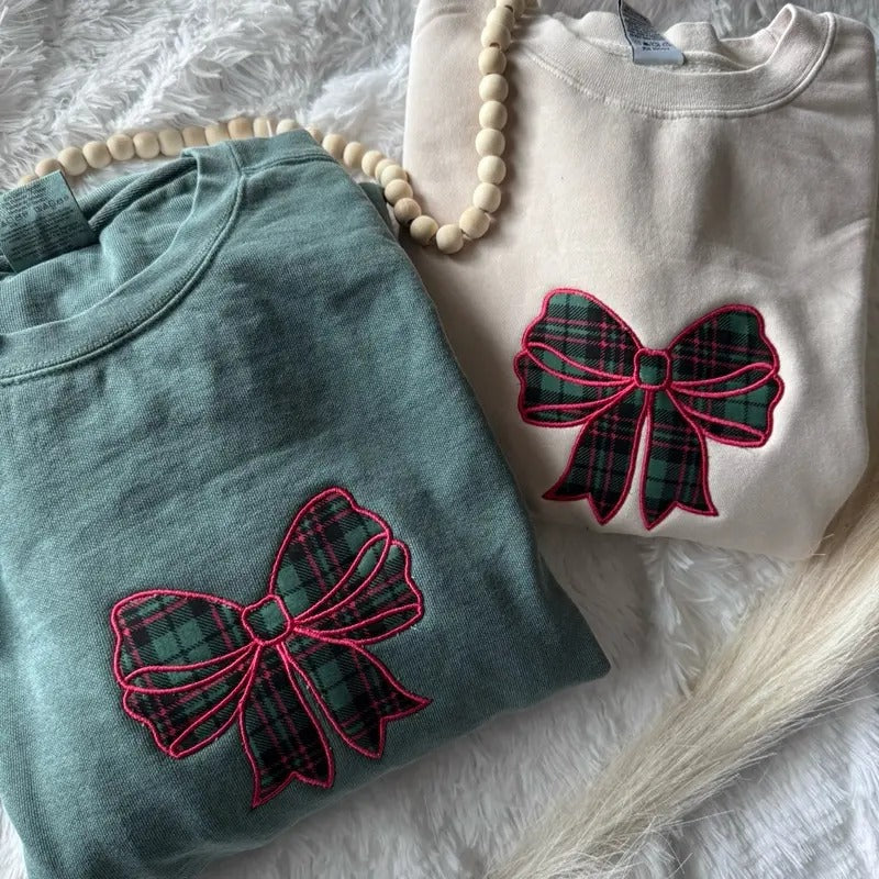 Embroidered Christmas Sweatshirt, Bow Sweatshirt, Christmas Bow Sweatshirt T-Shirts, Hoodie | WearSparks.com