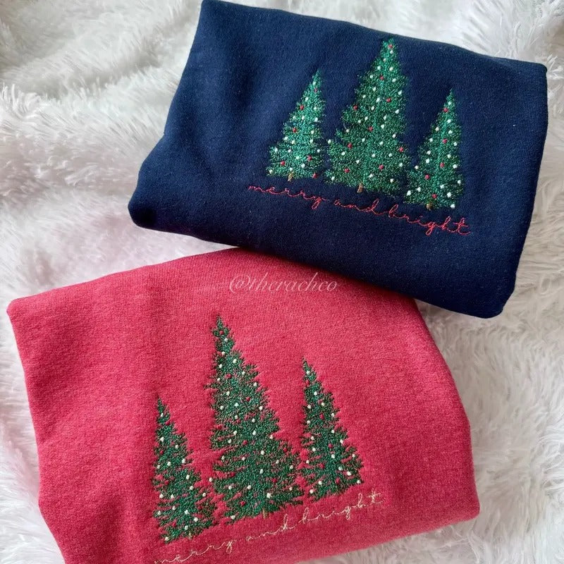 Embroidered Christmas Trees, Merry And Bright, Embroidered Sweatshirt T-Shirts, Hoodie | WearSparks.com