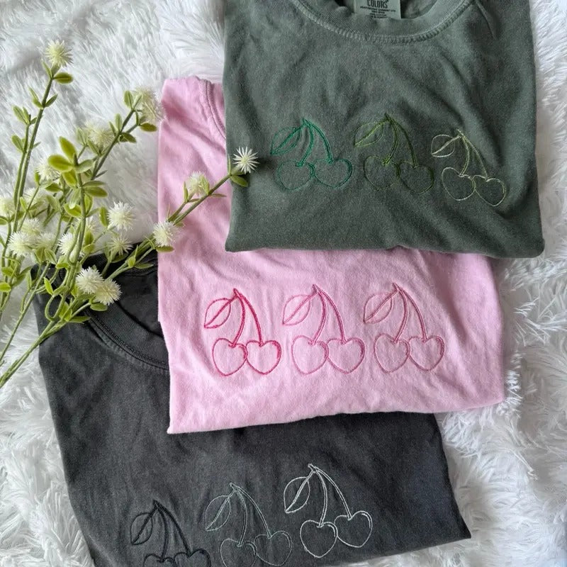 Embroidered Coquette Cherry Tshirt, Embroidered Tshirt Hoodie, Sweatshirt | WearSparks.com