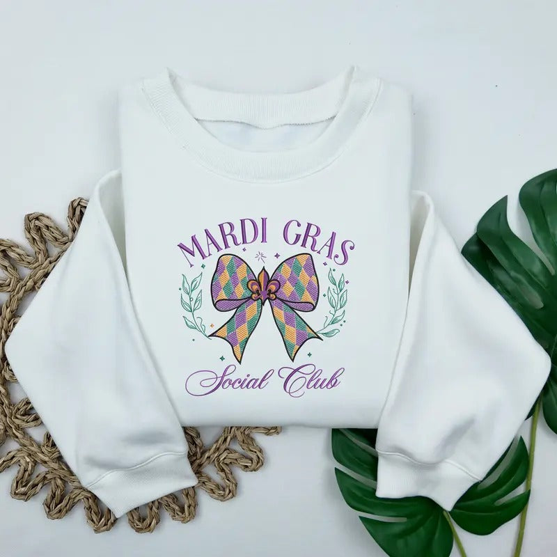 Embroidered Coquette Mardi Gras Sweatshirt, Mardi Gras Social Club Embroidered Crewneck Sweatshirt T-Shirts, Hoodie