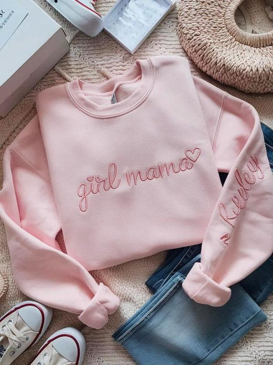 Embroidered Custom Girl Mama Sweatshirt, Custom Mama Of Girl Shirt, Baby Announcement Shirt, New Mom Shirt, Mommy Outfit,...