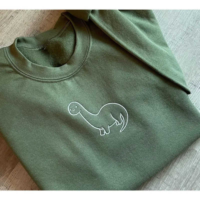 Embroidered Dinosaur Sweatshirt, Cute Dinosaur crewneck, Paleontologist Crewneck, Diplodocus Sweatshirt, Dinosaur Top,...