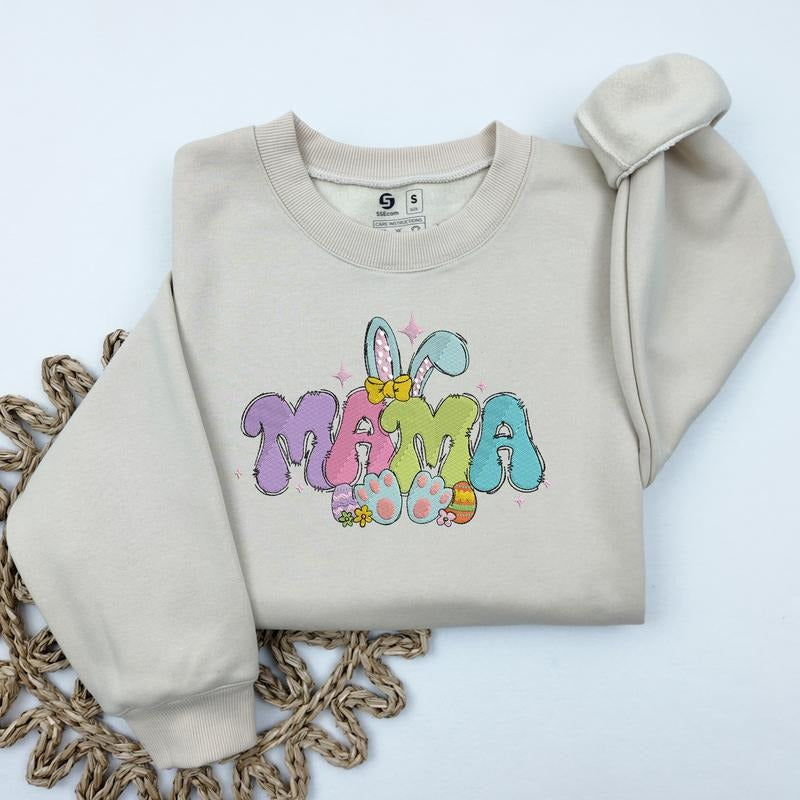 Embroidered Easter Mama Sweatshirt, Trendy Easter Sweatshirt, Women's Easter Egg Crewneck, Cute Spring Rabbit Sweater...