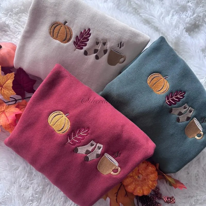Embroidered Fall Sweatshirt, Fall Icons, Soft Cute Crewneck for Fall T-Shirts, Hoodie | WearSparks.com