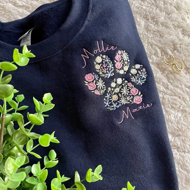 Embroidered Floral Paw Print Sweatshirt - Personalizable T-Shirts, Hoodie | WearSparks.com