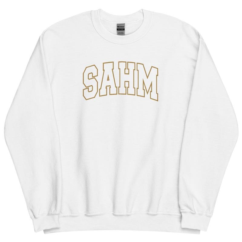 Embroidered Gold Thread SAHM Varsity Sweatshirt - Sweatshirt Unisex Apparel Relaxed Fit Printed in the USA Clothing...