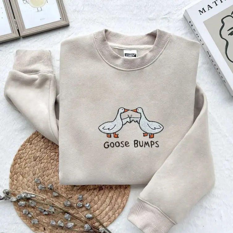 Embroidered Goose Bumps Funny Shirt, Embroidered Gift, Embroidered Crewneck,Funny Goose Shirt, Goose Bumps Sweater,Trendy...