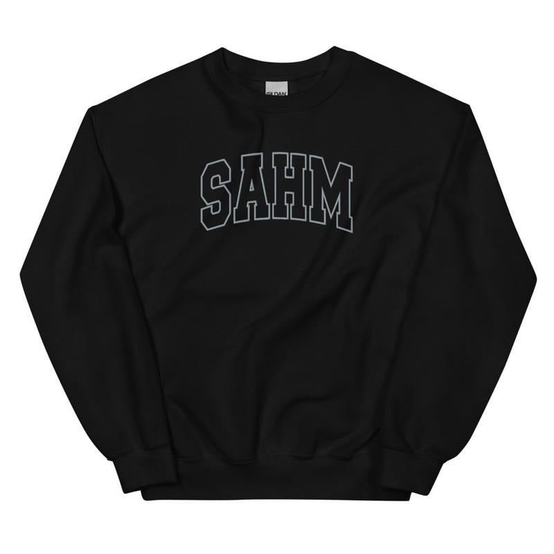 Embroidered Grey Thread SAHM Varsity Sweatshirt - Sweatshirt Unisex Apparel Relaxed Fit Printed in the USA Clothing...