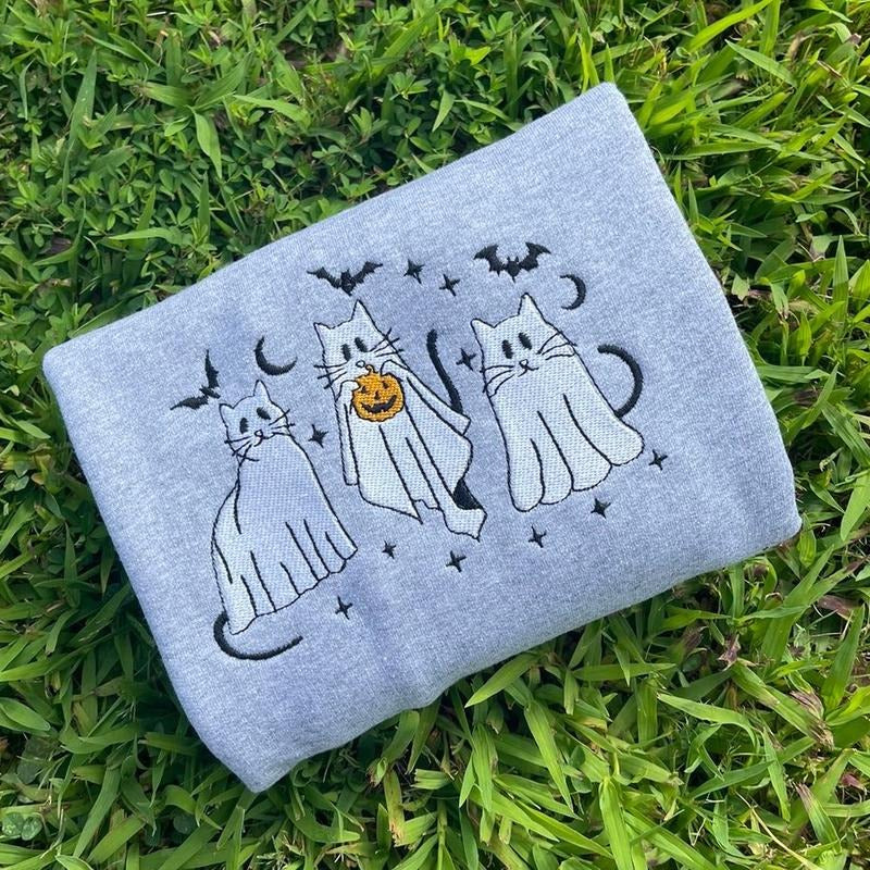 Embroidered Halloween Cat Crewneck T-Shirts, Hoodie, Sweatshirt | WearSparks.com