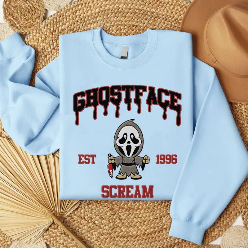 Embroidered Horror Ghostface Halloween Sweatshirt, Horror Movie Embroidery Shirt Hoodie | WearSparks.com