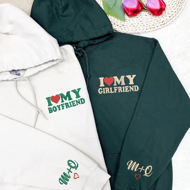 Embroidered I Love My Girlfriend Hoodie Sweatshirt, Couple Matching Hoodie, Personalized Couple Sweatshirts...