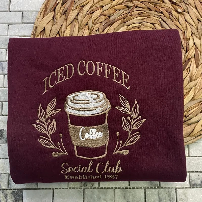 Embroidered Iced Coffee Social Club Sweatshirt - Iced Coffee Please - Latte Lover Iced Coffee Crewneck T-Shirts, Hoodie
