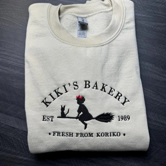 Embroidered KiKi's Bakery Unisex Crewneck Sweatshirt, Jiji Shirt, Kiki's Delivery Service, Studio Ghibli Sweatshirt,...