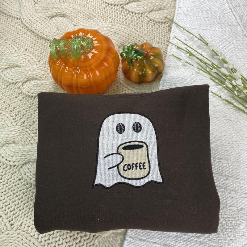 Embroidered Little Ghost Coffee Crewneck Sweatshirt - Spooky Season Crewneck - Coffee Lovers T-Shirts, Hoodie