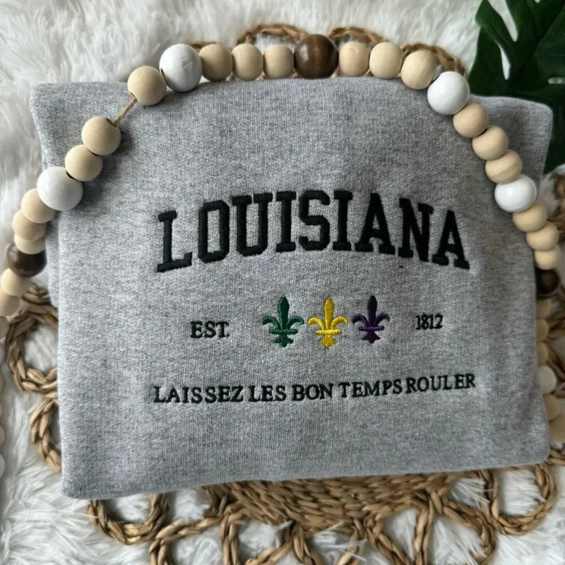 Embroidered Louisiana Sweatshirt, Mardi Gras Pullover, Louisiana Crewneck T-Shirts, Hoodie | WearSparks.com
