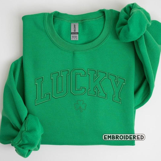 Embroidered Lucky Sweatshirt, Embroidered Crewneck, Saint Patrick's Day Sweatshirt, Lucky Sweatshirt, Green Sweatshirt,...