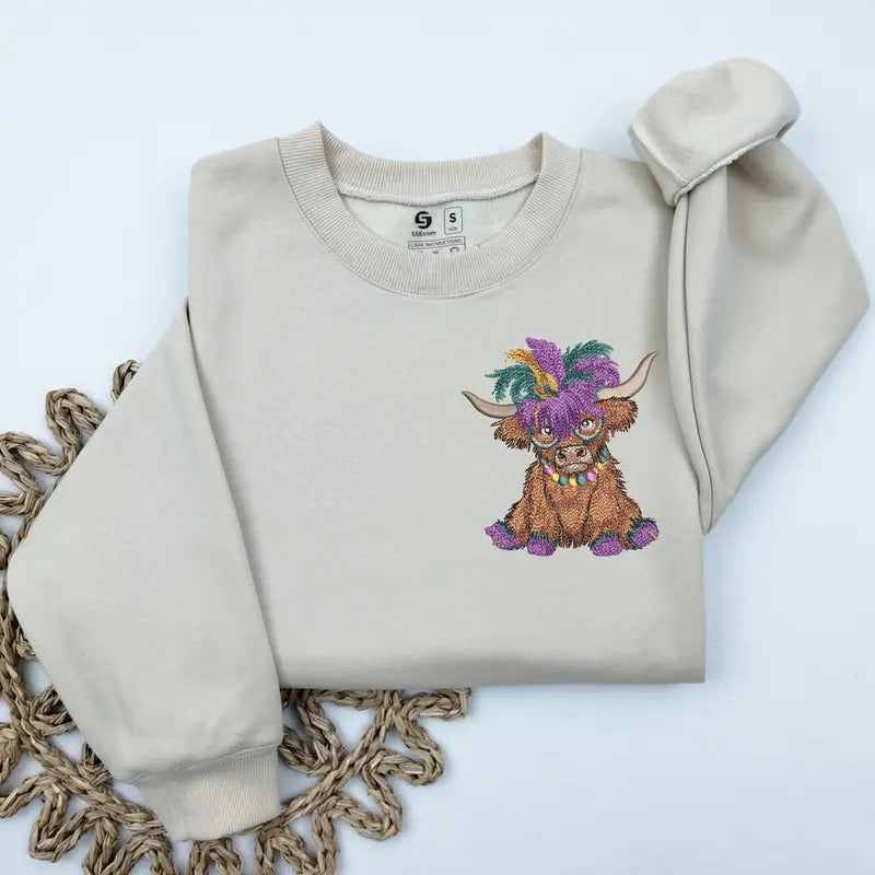 Embroidered Mardi Gras Highland Cow Sweatshirt, Highland Cow Sweater, Howdy Mardi Gras Crewneck, Western Mardi Gras...