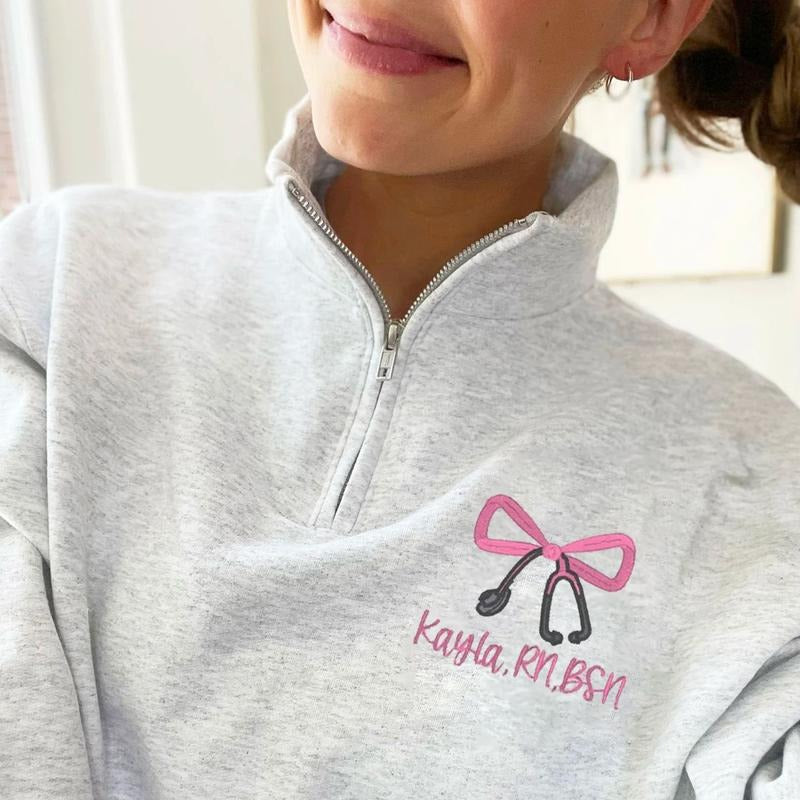 Embroidered Nurse Bow Quarter Zip Sweatshirt, Nurse Quarter Zip Sweater, Coquette Nurse Embroidered Shirt, Nurse Coquette...