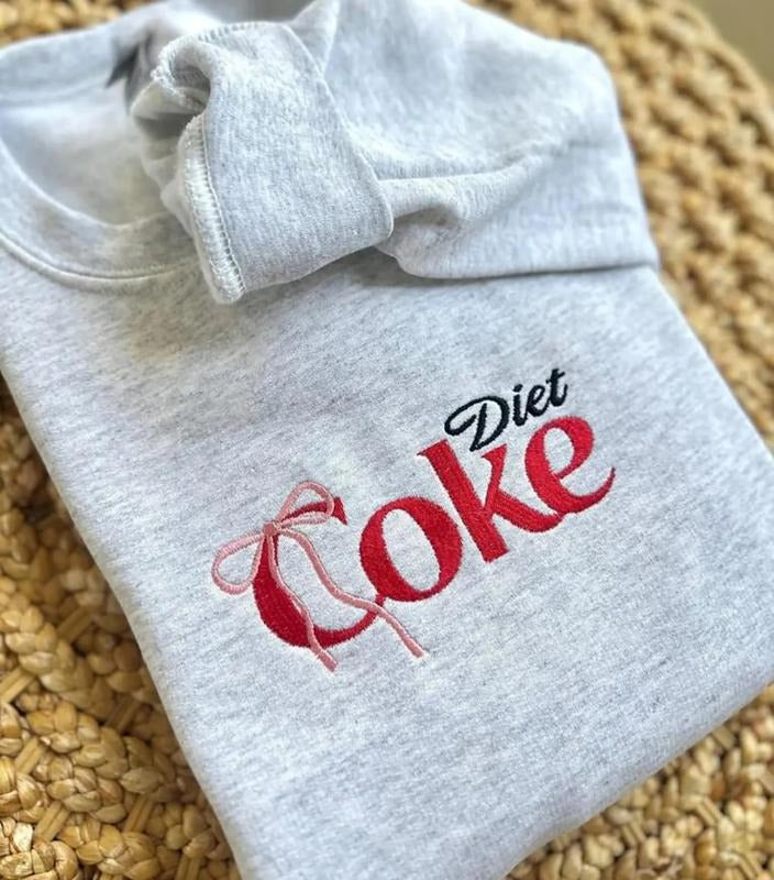 Embroidered Pink Bow Diet Coke Sweatshirt, Coquette Bow Diet Coke Shirt, Embroidered I Need A Diet Coke T-Shirt, Diet...