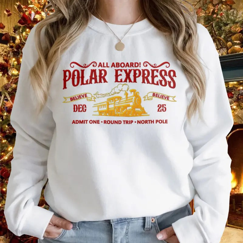 Embroidered Polar Express Sweatshirt, Xmas Crewneck Sweater, Family Christmas Tshirt Hoodie | WearSparks.com