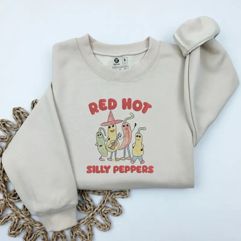 Embroidered Red Hot Silly Peppers Sweatshirt, Cute Chilli Music Band Sweatshirt T-Shirts, Hoodie | WearSparks.com