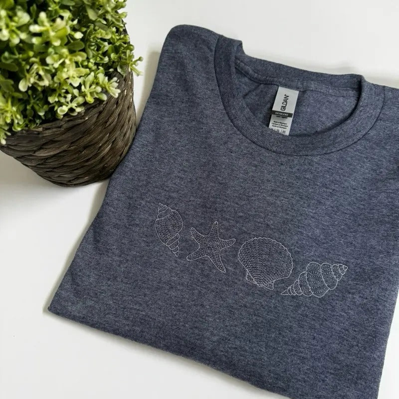 Embroidered Seashell Beach Tshirt, Embroidered Sunshine tshirt, Embroidered Summer Tshirt, Embroidered Trendy Beach Top...
