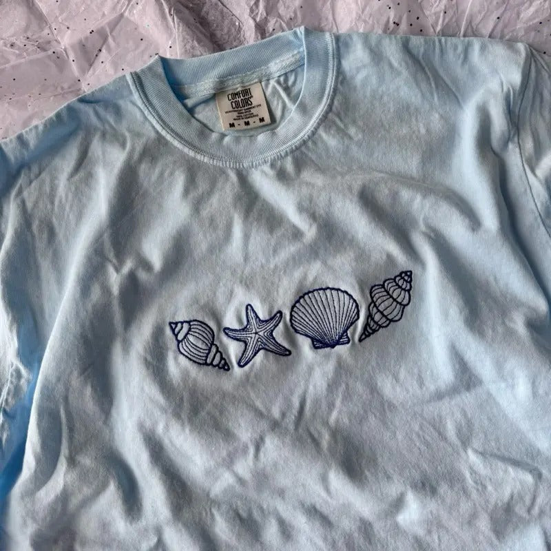 Embroidered Seashells Tshirt, Beach Tshirt, Summer Tshirt, Cute Embroidered Shirt, Cute Tshirts Hoodie, Sweatshirt