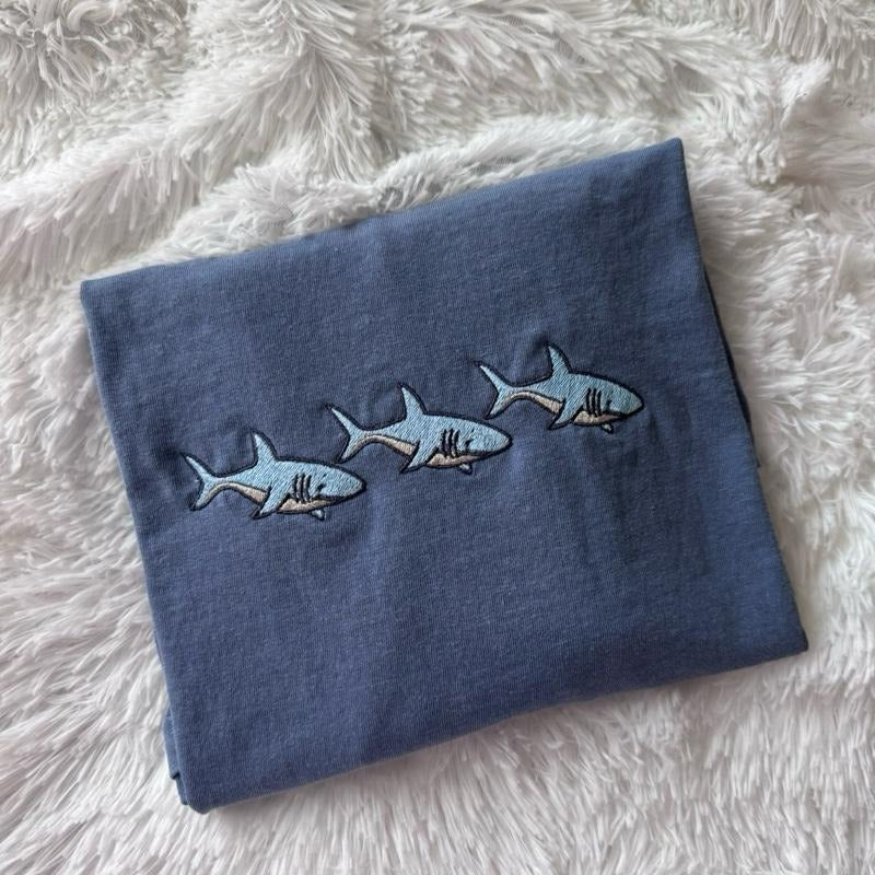 Embroidered Shark Tshirt, Summer Tshirt, Short Sleeve Tshirt, Comfortable Embroidered Tshirt Hoodie, Sweatshirt