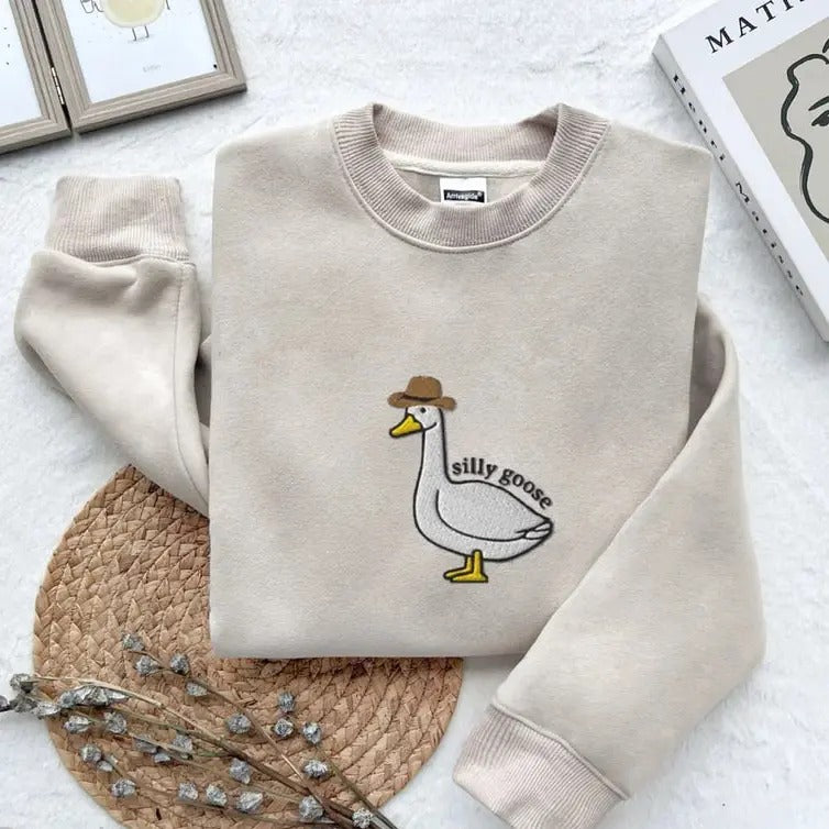 Embroidered Silly Goose Funny Shirt, Embroidered Gift, Embroidered Crewneck,Funny Goose Shirt, Silly Goose Sweater,...