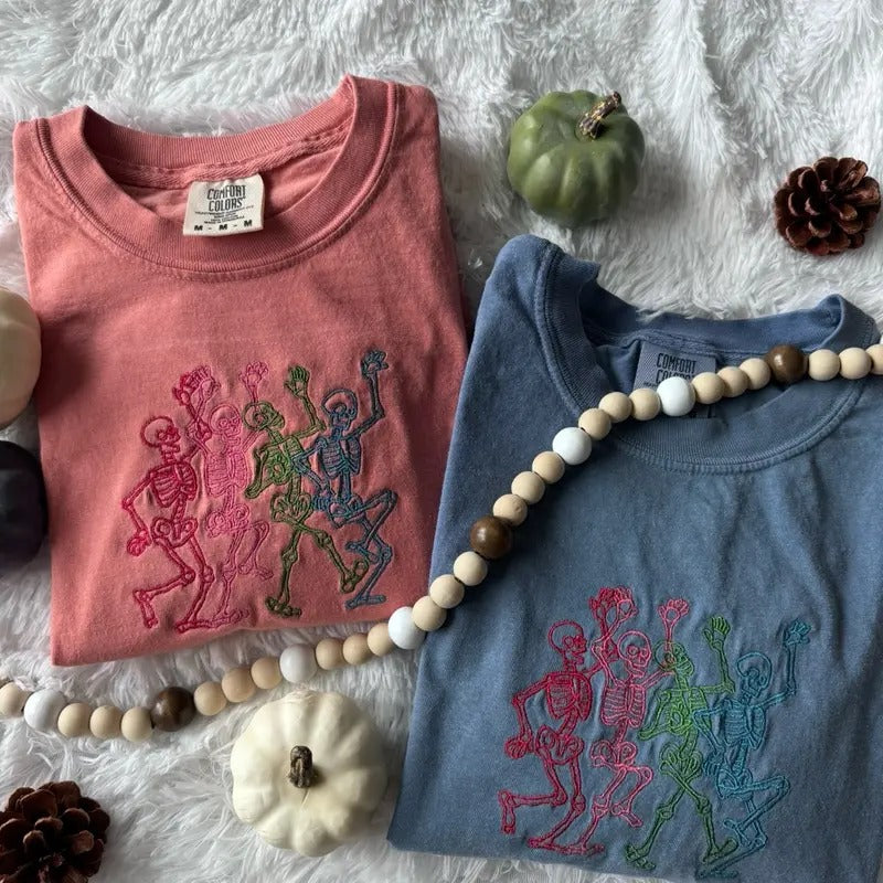 Embroidered Skeleton Tshirt, Halloween Shirt, Monochromatic Shirt, Embroidered Shirt Hoodie, Sweatshirt | WearSparks.com