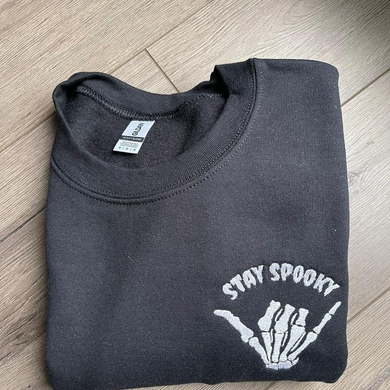 Embroidered Spooky Rock On Sweatshirt, Halloween Sweatshit, Spooky Crewneck T-Shirts, Hoodie | WearSparks.com