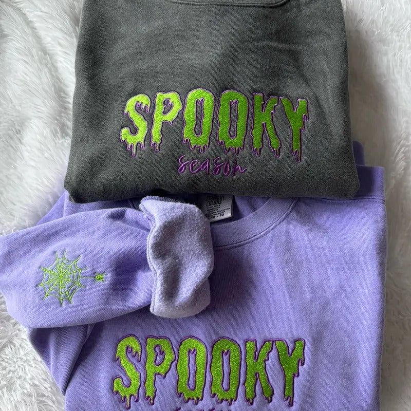 Embroidered Spooky Season LONG SLEEVE SHIRT, Halloween Shirt, Embroidered Sleeve Hoodie, Sweatshirt | WearSparks.com
