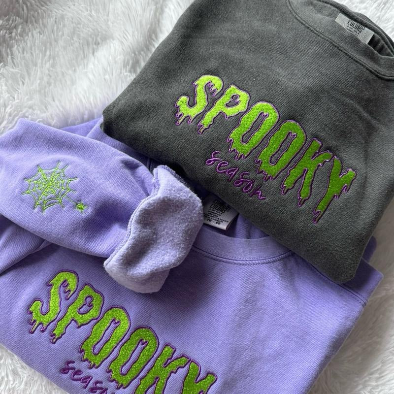 Embroidered Spooky Season Sweatshirt, Halloween Sweatshirt, Embroidered Crewneck T-Shirts, Hoodie | WearSparks.com