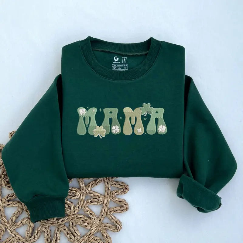 Embroidered St Patrick's Day Mama Sweatshirt, Mama Shamrock Sweatshirt, St Patrick's Day Mom Sweater, Gifts for Mom...