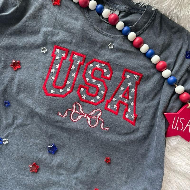 Embroidered USA Tshirt, Coquette Tshirt, Cute Bow Tshirt Hoodie, Sweatshirt | WearSparks.com