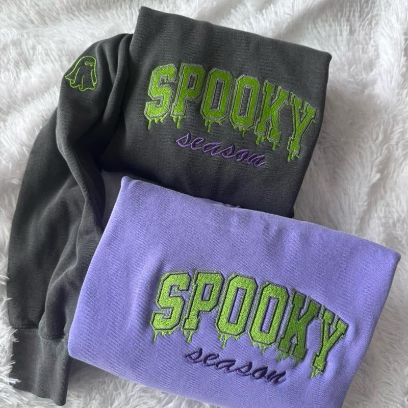 Embroidered Varsity Drippy Sweatshirt, Spooky Season Sweatshirt, Halloween Sweatshirt, Embroidered Crewneck T-Shirts, Hoodie