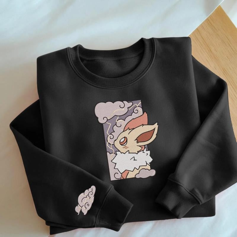 Embroidery Joteon Cloud Sweatshirt, Evee Electric Lightning, Embroidery Anime Tshirt, PKM University, Anime Shirt, Unisex...