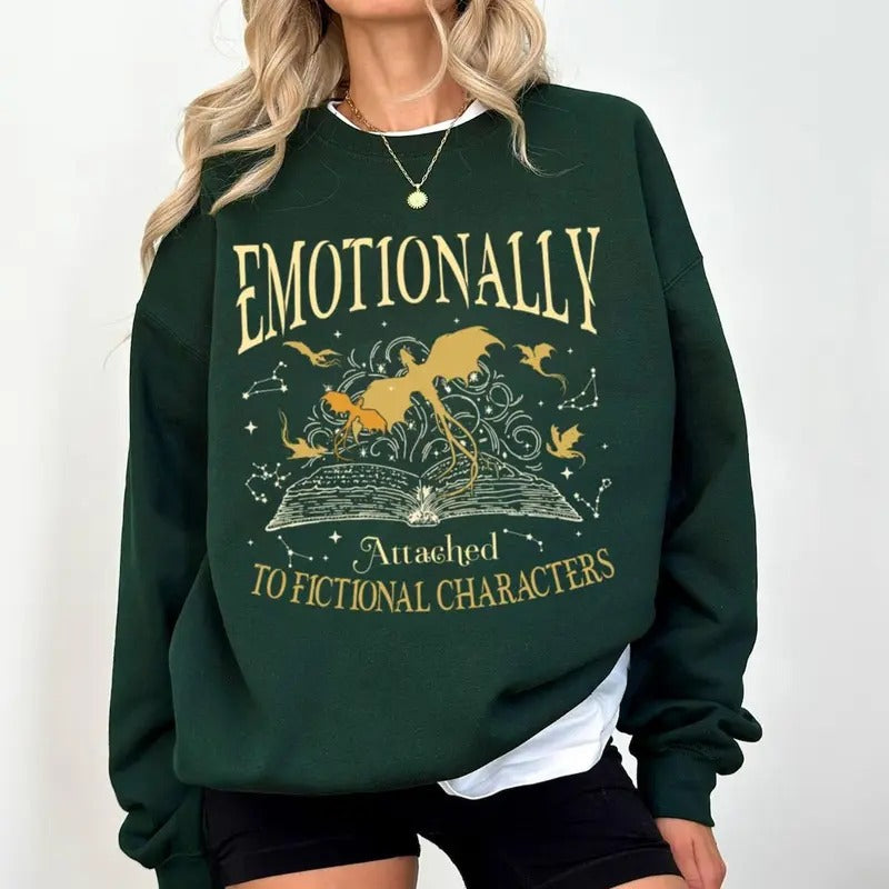 Emotionally Attached To Fictional Characters SweatShirt, Fourth Wing Dragon Rider Shirt, Funny Reading Shirt, Book Lover...