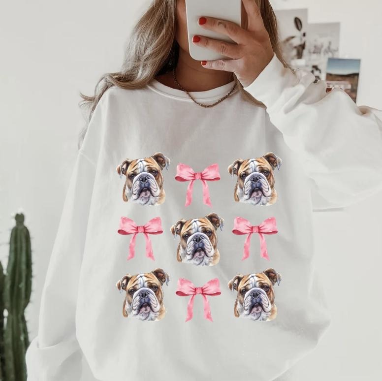 English Bulldog with bows Sweatshirt ~ Sweatshirt Unisex Apparel Relaxed Fit Printed in the USA Clothing Womenswear...